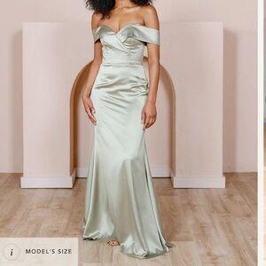 Revelry Bardot Satin Dress Silver Sage Off the Shoulder Bridesmaid Formal Green